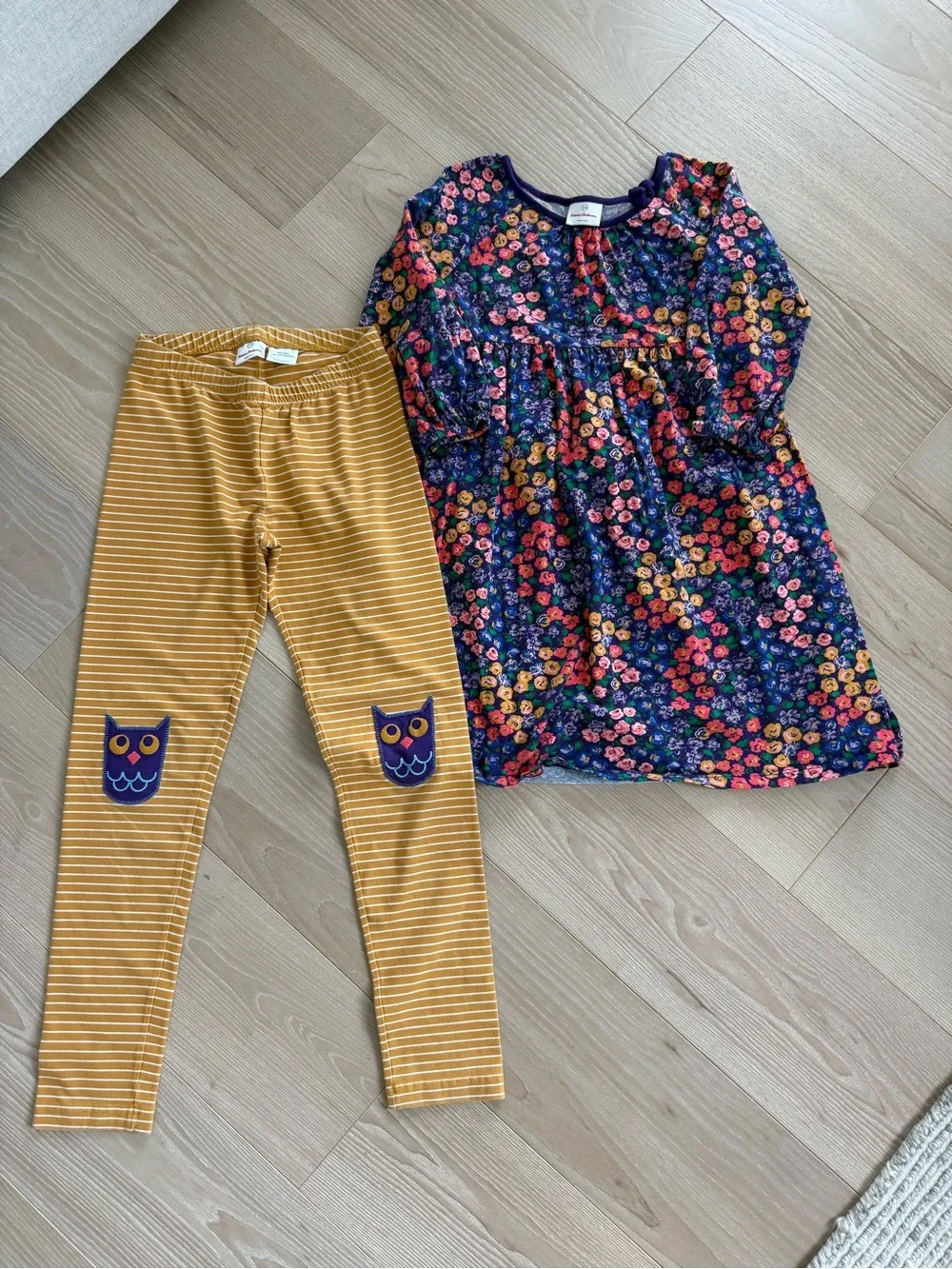 Hanna Andersson Girls Floral Dress and Mustard Stripe Leggings Set
